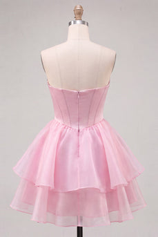 Pinkes Sweetheart Korsett A-Linie Gestuftes Kurzes Abendkleid mit Perlen