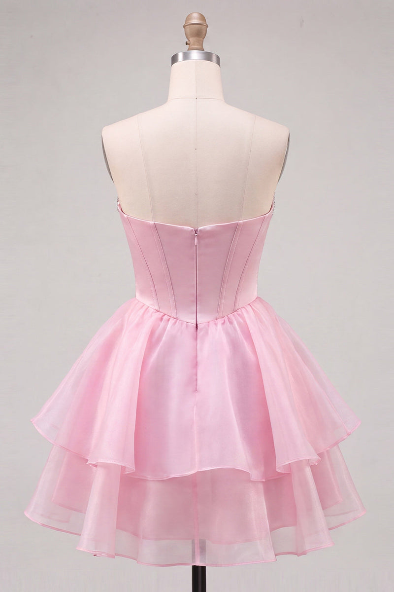 Laden Sie das Bild in den Galerie-Viewer, Pinkes Sweetheart-Korsett A-Linien-gestuftes Homecoming-Kleid mit Perlen