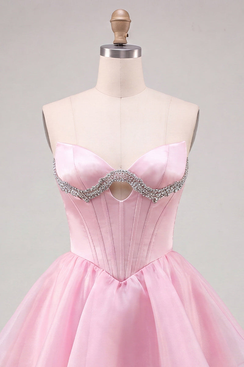 Laden Sie das Bild in den Galerie-Viewer, Pinkes Sweetheart-Korsett A-Linien-gestuftes Homecoming-Kleid mit Perlen