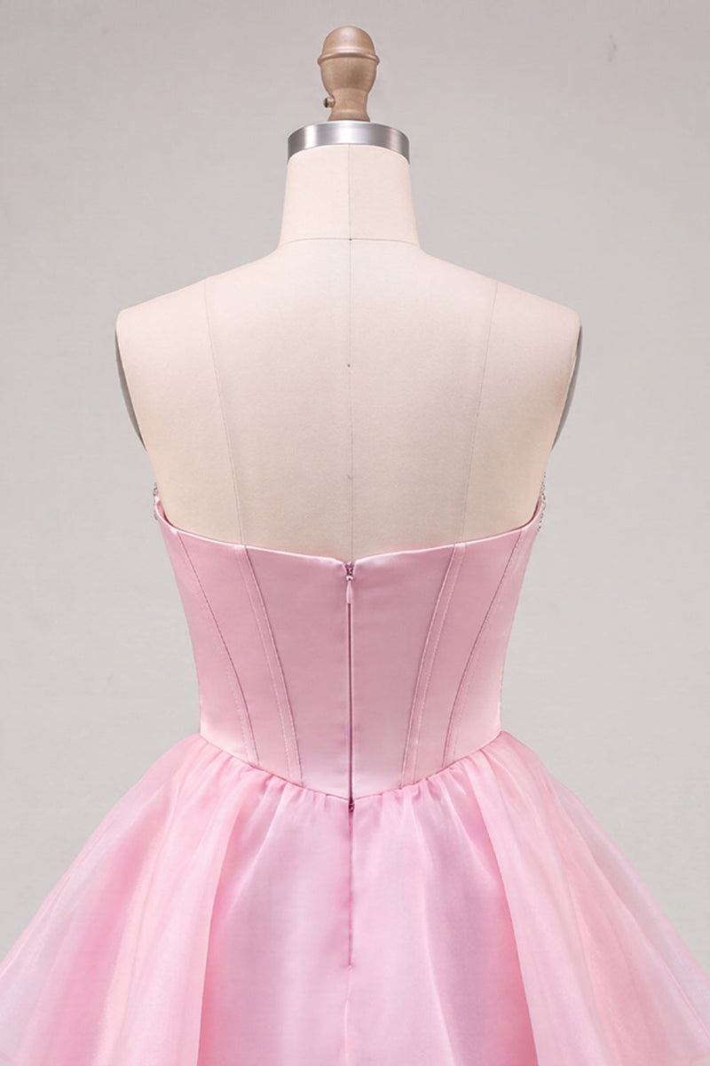 Laden Sie das Bild in den Galerie-Viewer, Pinkes Sweetheart-Korsett A-Linien-gestuftes Homecoming-Kleid mit Perlen