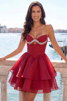 Laden Sie das Bild in den Galerie-Viewer, Pinkes Sweetheart-Korsett A-Linien-gestuftes Homecoming-Kleid mit Perlen