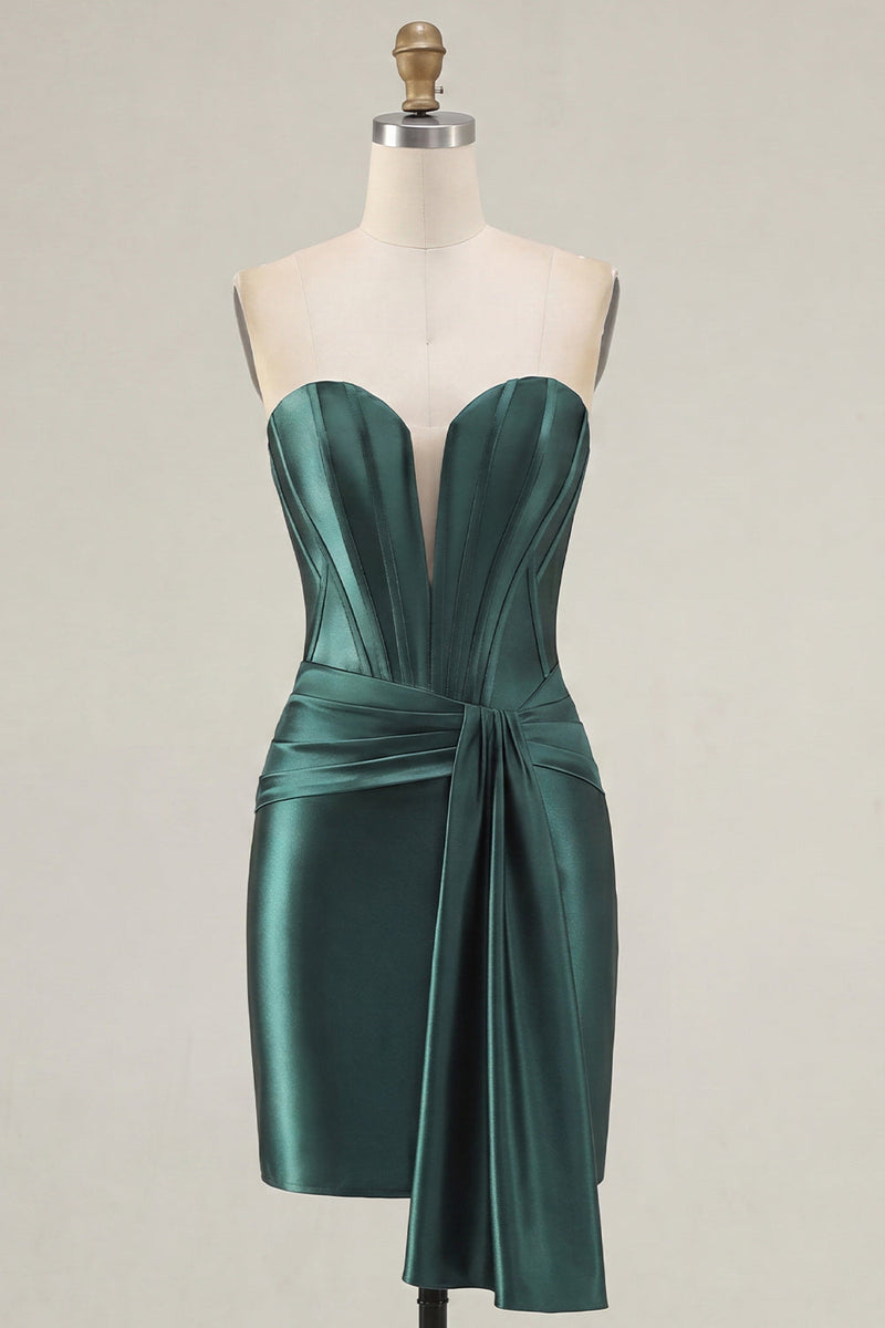 Laden Sie das Bild in den Galerie-Viewer, Dunkelgrünes Sweetheart-Korsett Satin Bodycon Homecoming-Kleid mit Schärpe