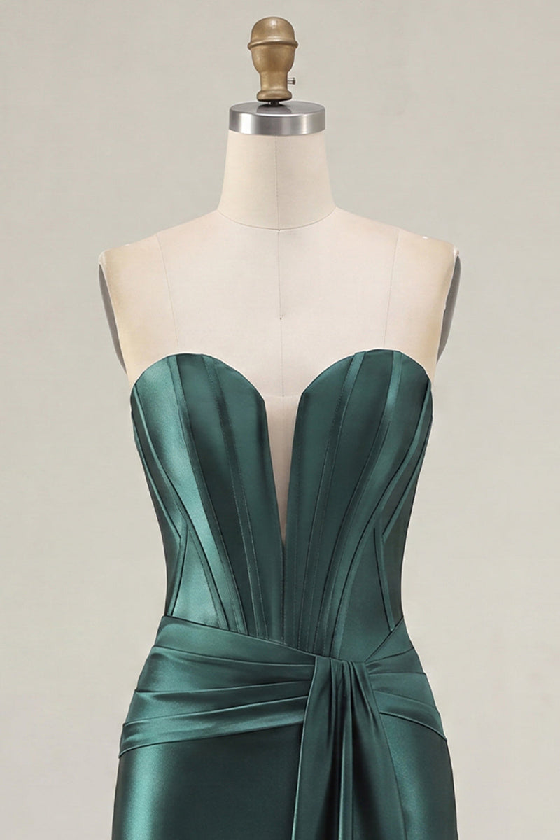 Laden Sie das Bild in den Galerie-Viewer, Dunkelgrünes Sweetheart-Korsett Satin Bodycon Homecoming-Kleid mit Schärpe