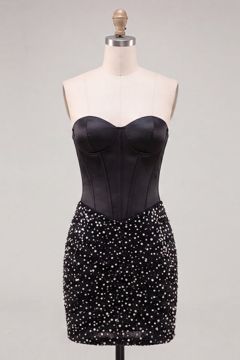 Laden Sie das Bild in den Galerie-Viewer, Sweetheart Black Bodycon Korsett-Perlen-Homecoming-Kleid mit Schnürung hinten