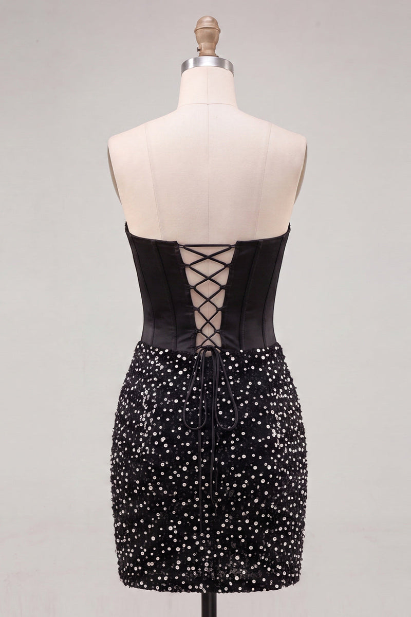 Laden Sie das Bild in den Galerie-Viewer, Sweetheart Black Bodycon Korsett-Perlen-Homecoming-Kleid mit Schnürung hinten
