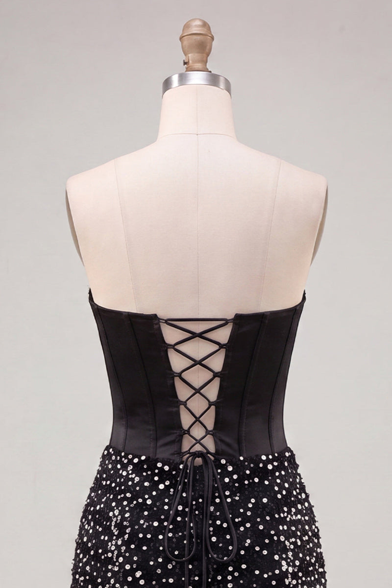Laden Sie das Bild in den Galerie-Viewer, Sweetheart Black Bodycon Korsett-Perlen-Homecoming-Kleid mit Schnürung hinten