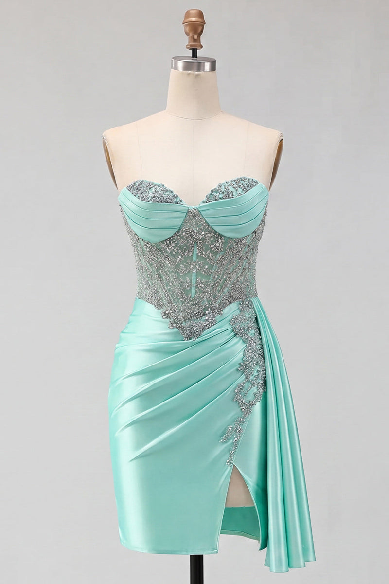Laden Sie das Bild in den Galerie-Viewer, Sweetheart mintgrünes, gerafftes Korsett, hinten mit Perlen, Homecoming-Kleid und Schärpe