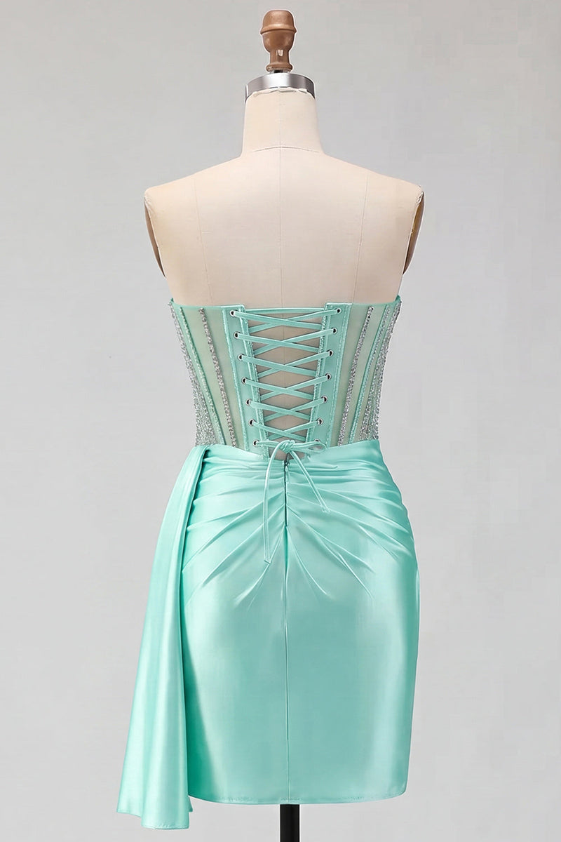 Laden Sie das Bild in den Galerie-Viewer, Sweetheart mintgrünes, gerafftes Korsett, hinten mit Perlen, Homecoming-Kleid und Schärpe