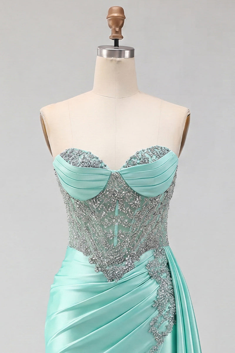 Laden Sie das Bild in den Galerie-Viewer, Sweetheart mintgrünes, gerafftes Korsett, hinten mit Perlen, Homecoming-Kleid und Schärpe