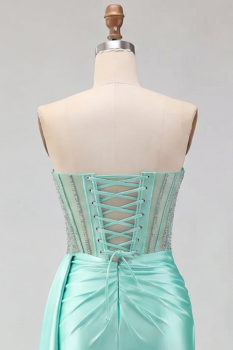 Laden Sie das Bild in den Galerie-Viewer, Sweetheart mintgrünes, gerafftes Korsett, hinten mit Perlen, Homecoming-Kleid und Schärpe