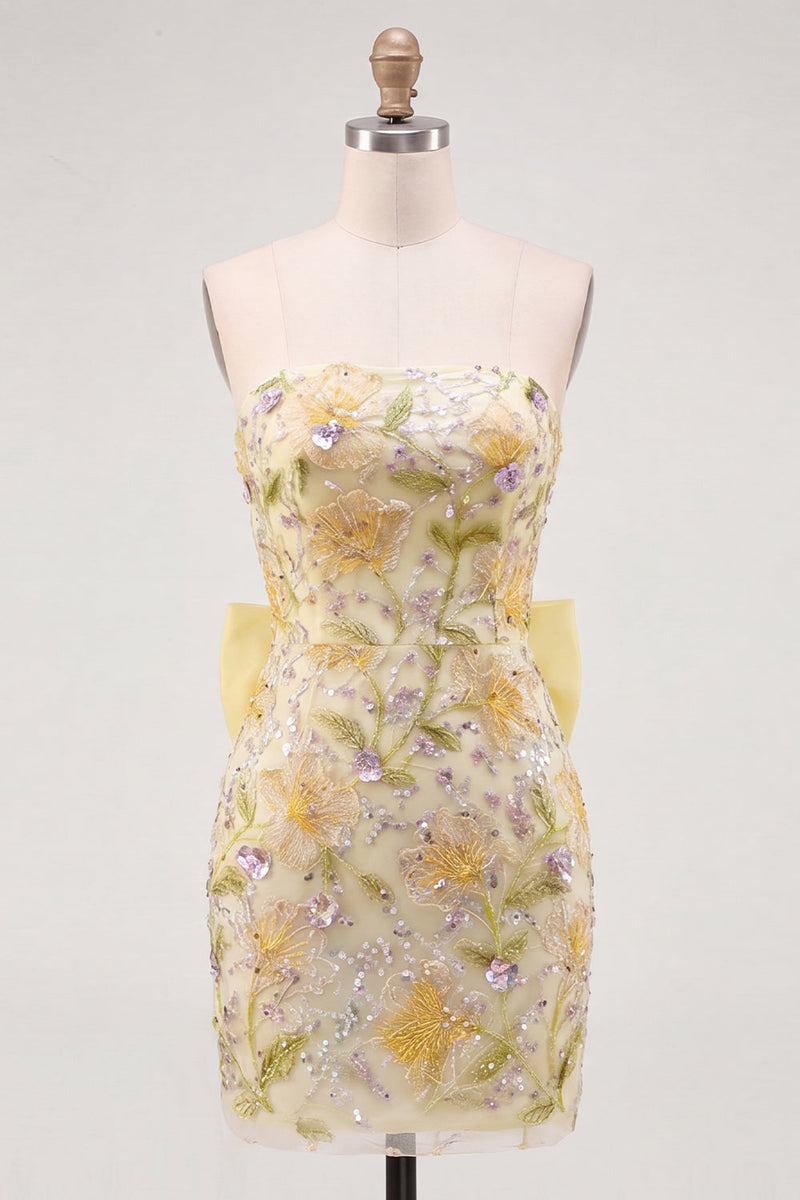 Laden Sie das Bild in den Galerie-Viewer, Gelbes, trägerloses, bodycon florale Pailletten-Homecoming-Kleid mit Schleife