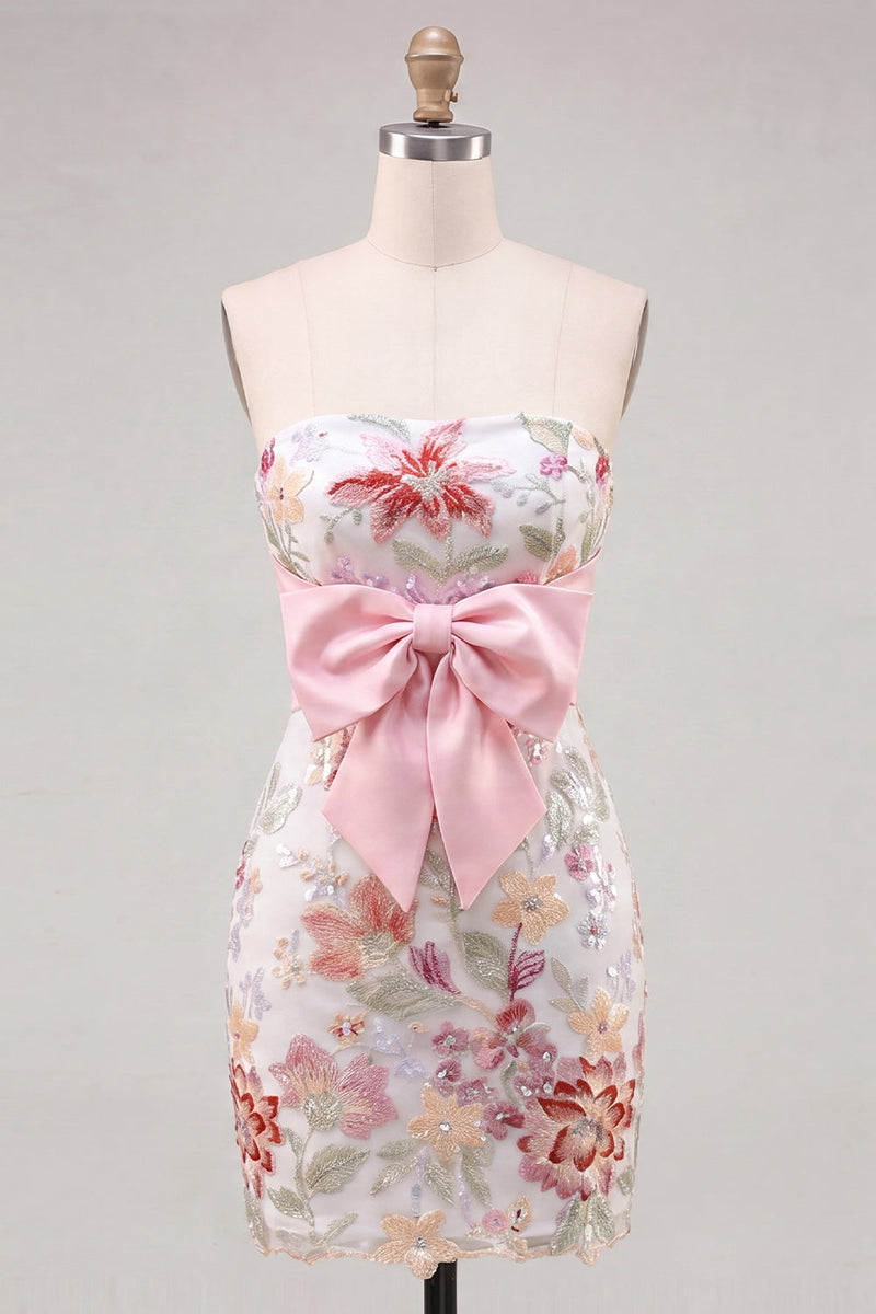 Laden Sie das Bild in den Galerie-Viewer, Rosa Bodycon, trägerlose, geblümte Pailletten, Schnürung für das Back-Homecoming-Kleid mit Schleife
