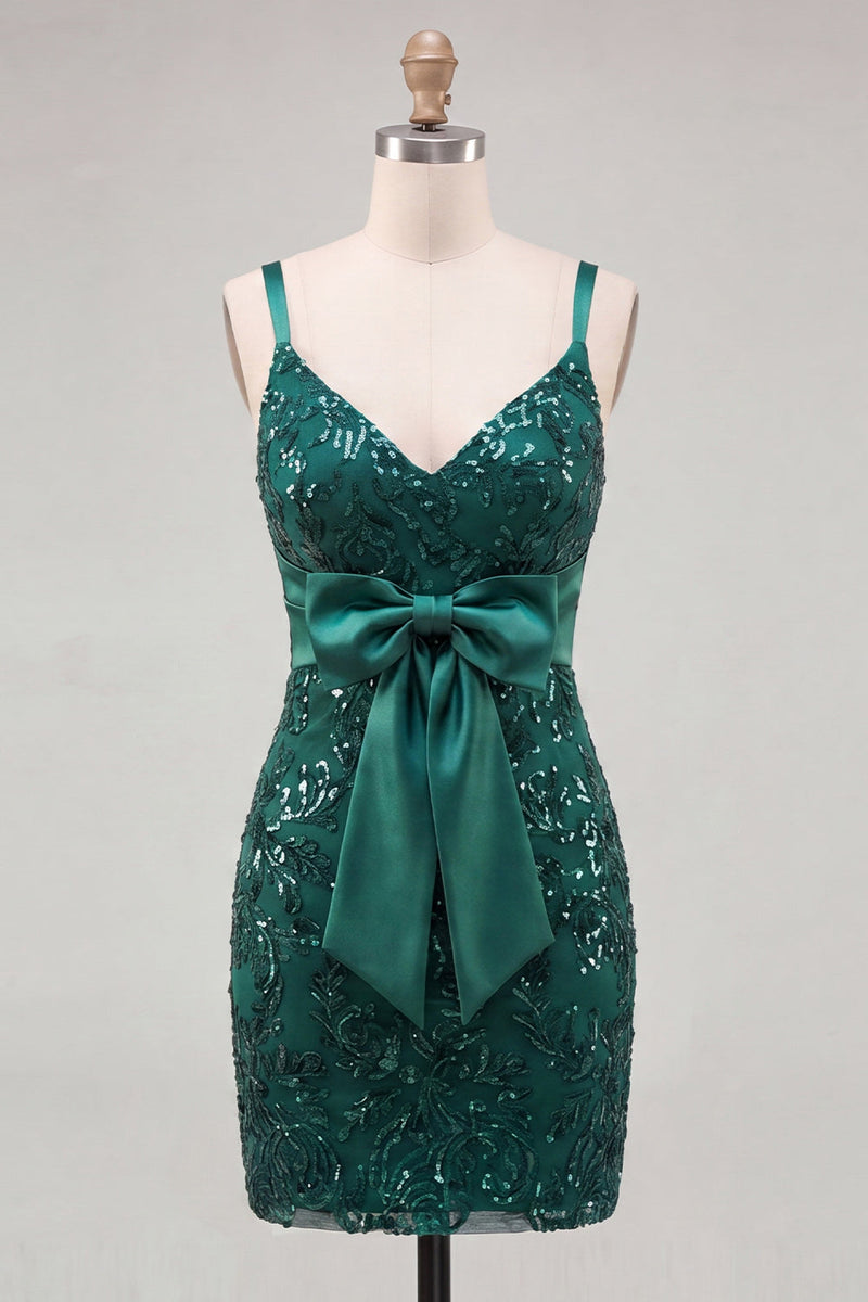 Laden Sie das Bild in den Galerie-Viewer, Dunkelgrünes Spaghetti-Träger Pailletten Bodycon Schnürung Back-Homecoming-Kleid mit Schleife