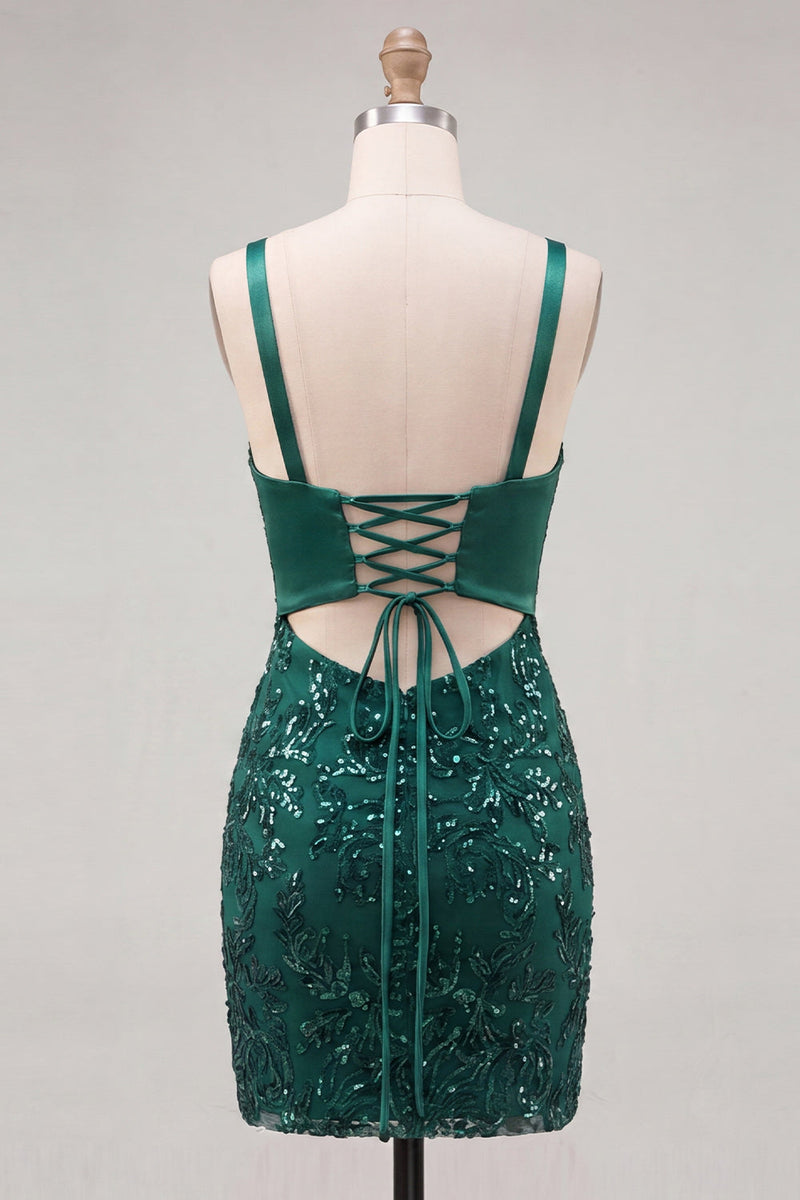 Laden Sie das Bild in den Galerie-Viewer, Dunkelgrünes Spaghetti-Träger Pailletten Bodycon Schnürung Back-Homecoming-Kleid mit Schleife