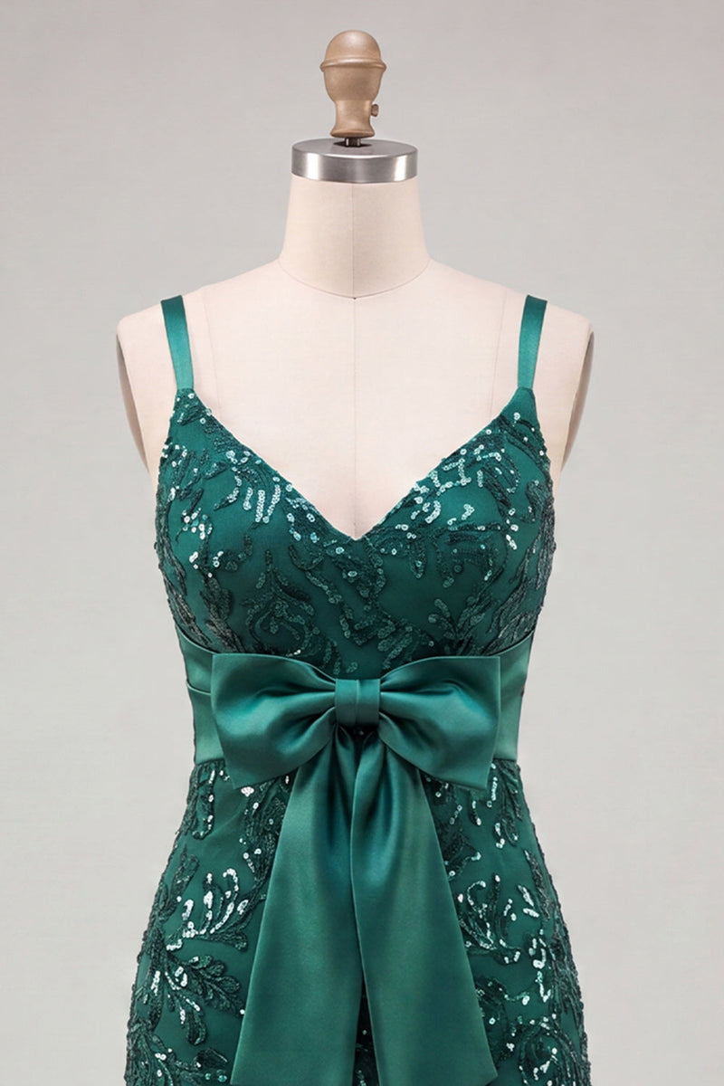 Laden Sie das Bild in den Galerie-Viewer, Dunkelgrünes Spaghetti-Träger Pailletten Bodycon Schnürung Back-Homecoming-Kleid mit Schleife