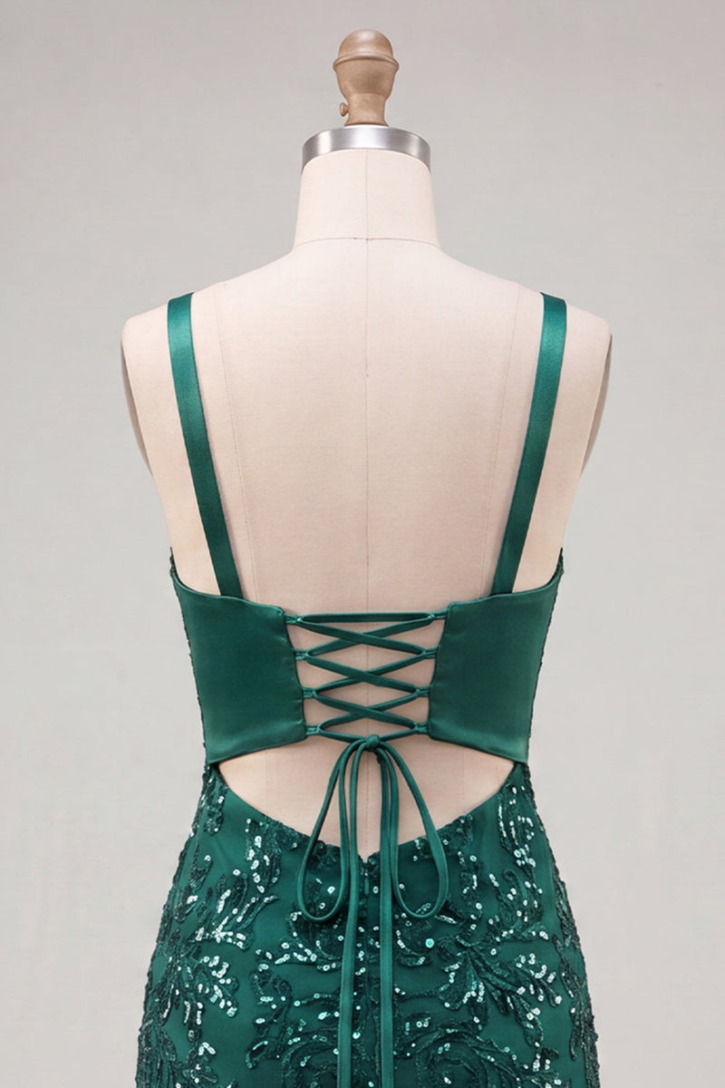 Laden Sie das Bild in den Galerie-Viewer, Dunkelgrünes Spaghetti-Träger Pailletten Bodycon Schnürung Back-Homecoming-Kleid mit Schleife