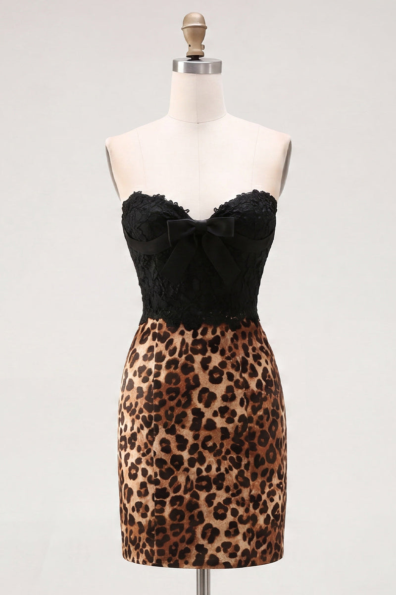 Laden Sie das Bild in den Galerie-Viewer, Schwarz-Leoparden-Bodycon Sweetheart Kurzes Homecoming-Kleid