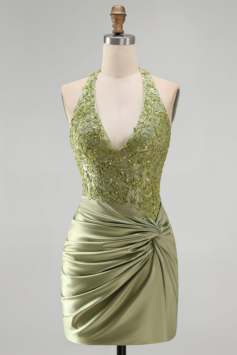 Laden Sie das Bild in den Galerie-Viewer, Armeegrün Neckholder Halsausschnitt Gerafftes Blumen Satin Bodycon Perlen Kurzes Abendkleid