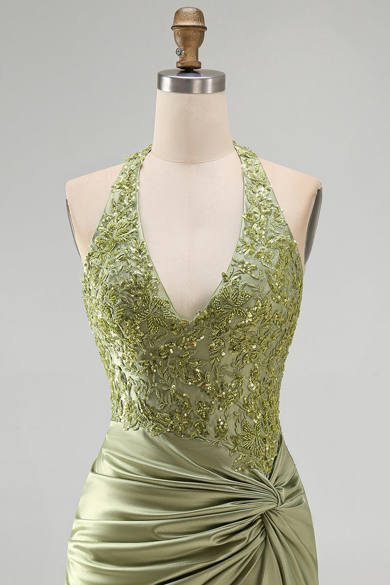 Laden Sie das Bild in den Galerie-Viewer, Armeegrün Neckholder Halsausschnitt Gerafftes Blumen Satin Bodycon Perlen Kurzes Abendkleid