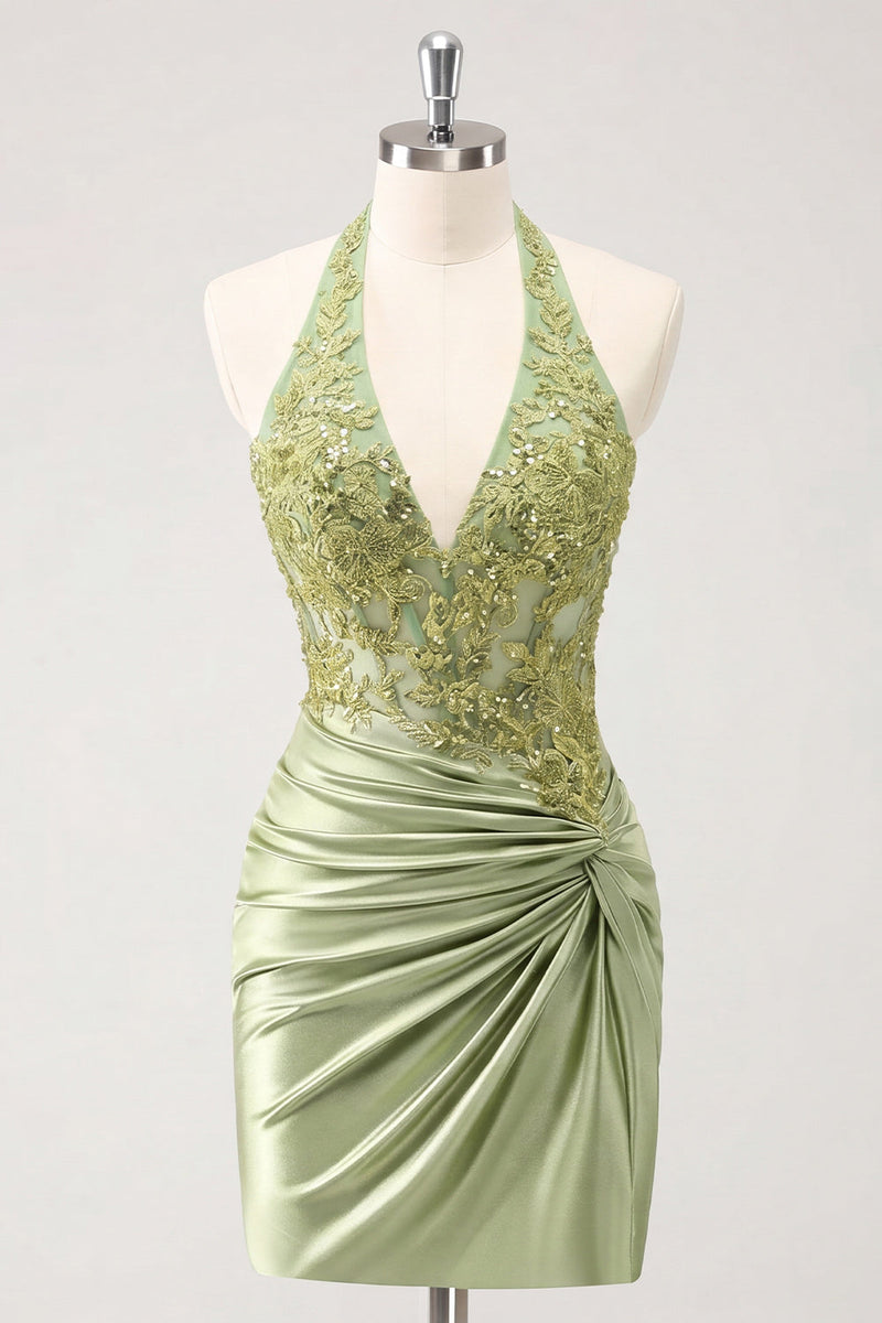 Laden Sie das Bild in den Galerie-Viewer, Army Green Neckholder-Halsausschnitt mit gerafftem Blumensatin Bodycon Bodycon Perlen-Homecoming-Kleid