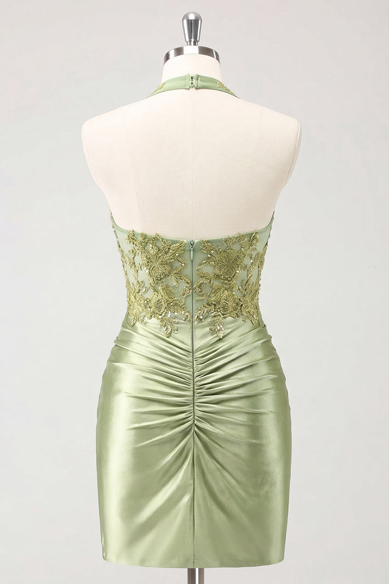 Laden Sie das Bild in den Galerie-Viewer, Army Green Neckholder-Halsausschnitt mit gerafftem Blumensatin Bodycon Bodycon Perlen-Homecoming-Kleid