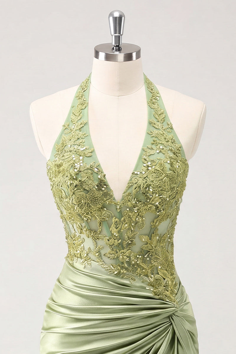 Laden Sie das Bild in den Galerie-Viewer, Army Green Neckholder-Halsausschnitt mit gerafftem Blumensatin Bodycon Bodycon Perlen-Homecoming-Kleid