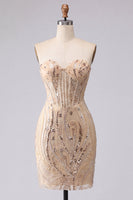 Laden Sie das Bild in den Galerie-Viewer, Trägerloses Champagner-Bodycon-Pailletten-Homecoming-Kleid mit Schnürung auf dem Rücken