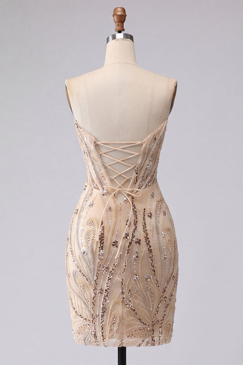 Laden Sie das Bild in den Galerie-Viewer, Trägerloses Champagner-Bodycon-Pailletten-Homecoming-Kleid mit Schnürung auf dem Rücken