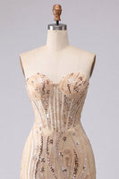 Laden Sie das Bild in den Galerie-Viewer, Trägerloses Champagner-Bodycon-Pailletten-Homecoming-Kleid mit Schnürung auf dem Rücken