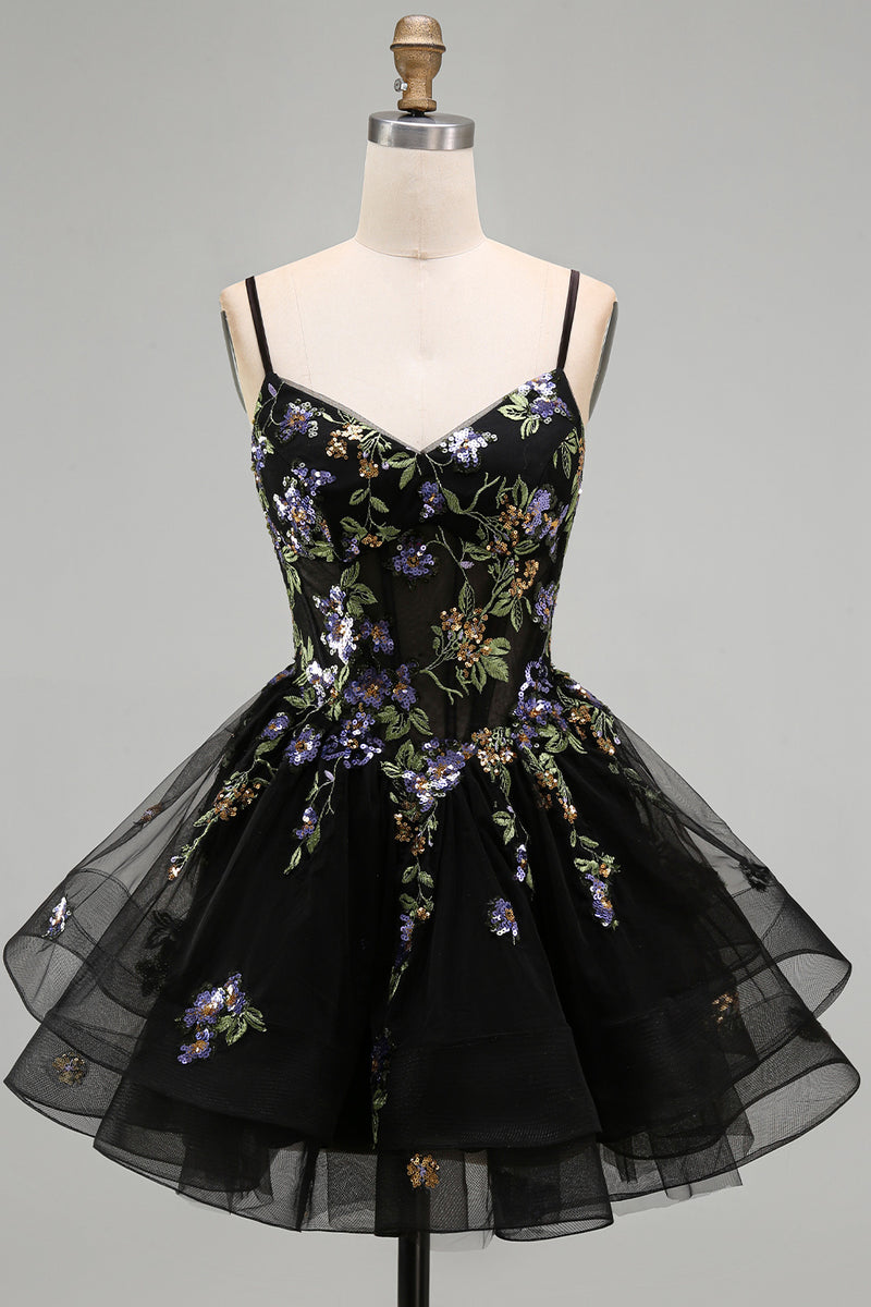 Laden Sie das Bild in den Galerie-Viewer, A-Linie Schwarzes Florales Organza Kurzes Abendkleid mit Spaghettiträger und Schnürung