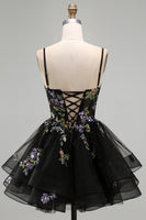 Laden Sie das Bild in den Galerie-Viewer, A-Linie Schwarzes Florales Organza Kurzes Abendkleid mit Spaghettiträger und Schnürung