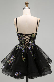 A-Linie Schwarzes Florales Organza Kurzes Abendkleid mit Spaghettiträger und Schnürung