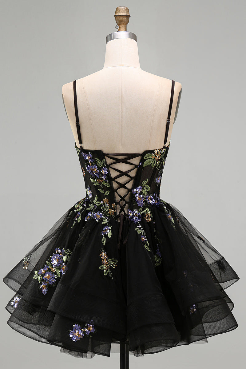 Laden Sie das Bild in den Galerie-Viewer, A-Linie Schwarzes Florales Organza Kurzes Abendkleid mit Spaghettiträger und Schnürung