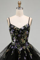 Laden Sie das Bild in den Galerie-Viewer, A-Linie Schwarzes Florales Organza Kurzes Abendkleid mit Spaghettiträger und Schnürung