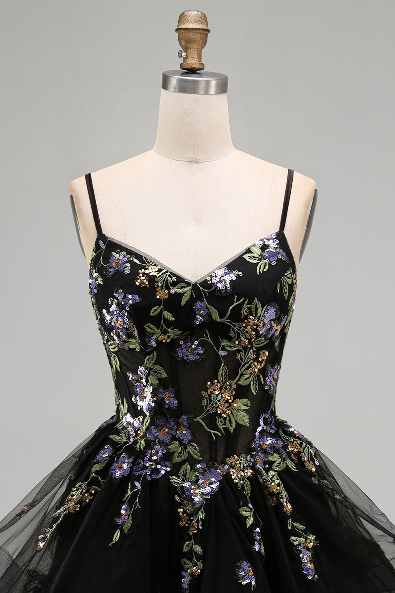 Laden Sie das Bild in den Galerie-Viewer, A-Linie Schwarzes Florales Organza Kurzes Abendkleid mit Spaghettiträger und Schnürung