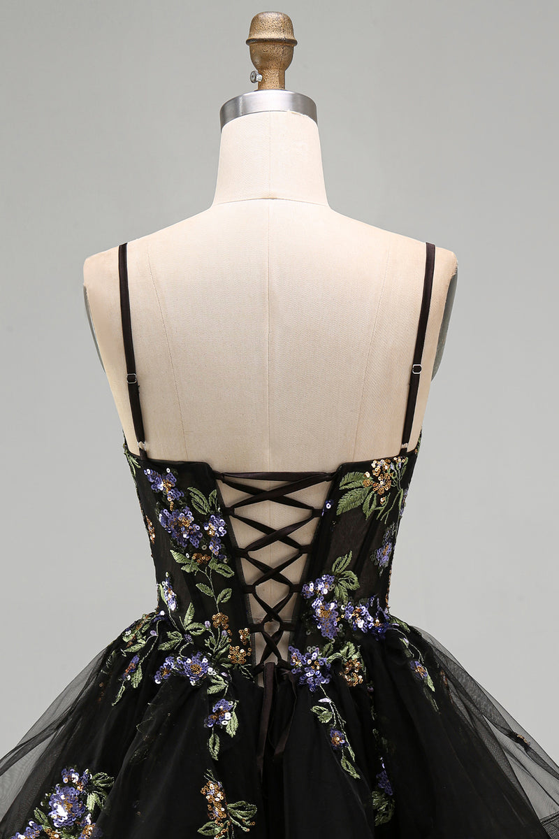 Laden Sie das Bild in den Galerie-Viewer, A-Linie Schwarzes Florales Organza Kurzes Abendkleid mit Spaghettiträger und Schnürung