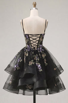 A-Linie Schwarzes Florales Organza Kurzes Abendkleid mit Spaghettiträger und Schnürung