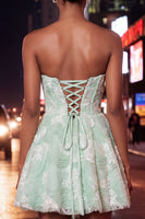 Laden Sie das Bild in den Galerie-Viewer, Staubiges blaues A-Line Sweetheart Pearl Floral Kurzes Homecoming-Kleid mit Schnürung auf dem Rücken