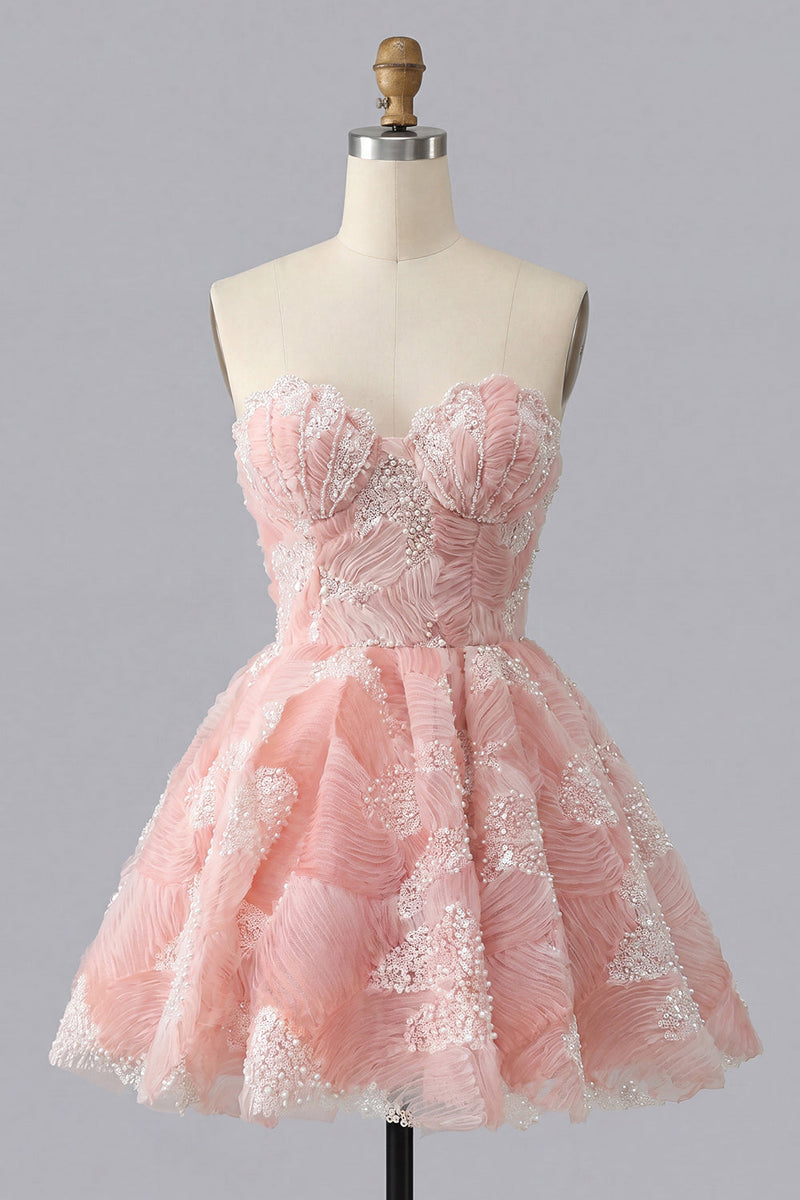 Laden Sie das Bild in den Galerie-Viewer, Staubiges blaues A-Line Sweetheart Pearl Floral Kurzes Homecoming-Kleid mit Schnürung auf dem Rücken