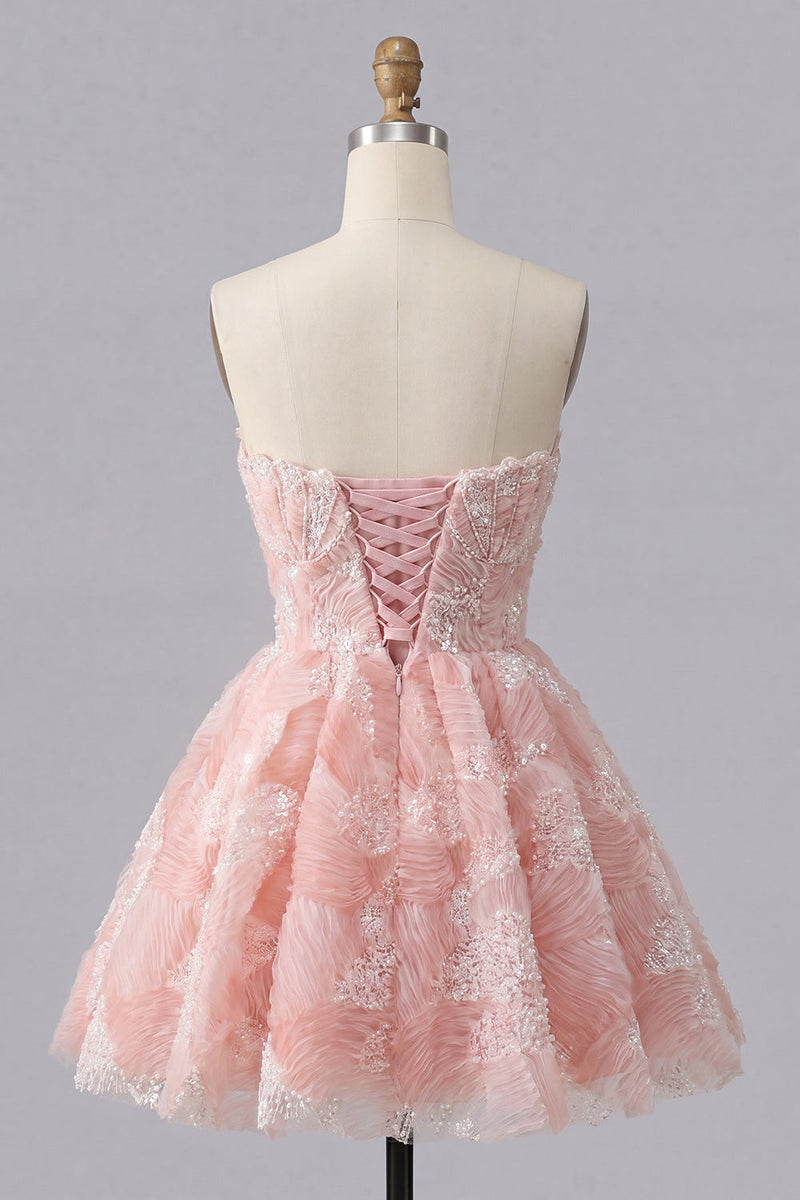Laden Sie das Bild in den Galerie-Viewer, Staubiges blaues A-Line Sweetheart Pearl Floral Kurzes Homecoming-Kleid mit Schnürung auf dem Rücken