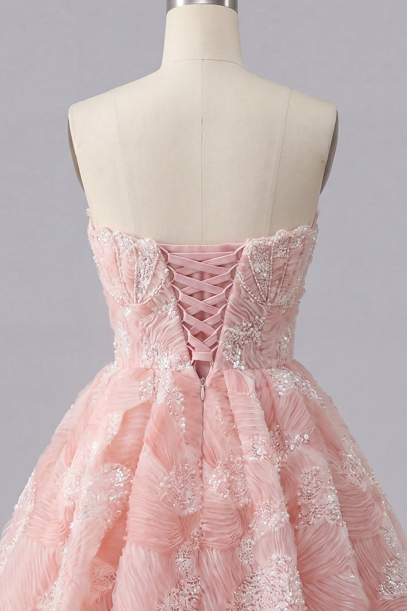 Laden Sie das Bild in den Galerie-Viewer, Staubiges blaues A-Line Sweetheart Pearl Floral Kurzes Homecoming-Kleid mit Schnürung auf dem Rücken