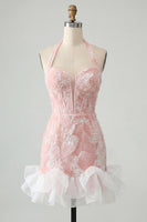 Laden Sie das Bild in den Galerie-Viewer, Mintgrünes Neckholderhals-Perlmutt-Bodycon-Rüschen-Floral-Homecoming-Kleid mit Spitze auf dem Rücken