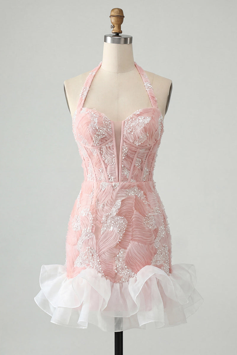 Laden Sie das Bild in den Galerie-Viewer, Mintgrünes Neckholderhals-Perlmutt-Bodycon-Rüschen-Floral-Homecoming-Kleid mit Spitze auf dem Rücken