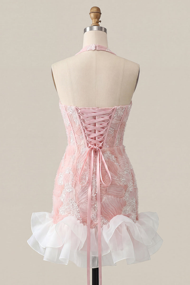 Laden Sie das Bild in den Galerie-Viewer, Mintgrünes Neckholderhals-Perlmutt-Bodycon-Rüschen-Floral-Homecoming-Kleid mit Spitze auf dem Rücken