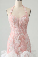 Laden Sie das Bild in den Galerie-Viewer, Mintgrünes Neckholderhals-Perlmutt-Bodycon-Rüschen-Floral-Homecoming-Kleid mit Spitze auf dem Rücken