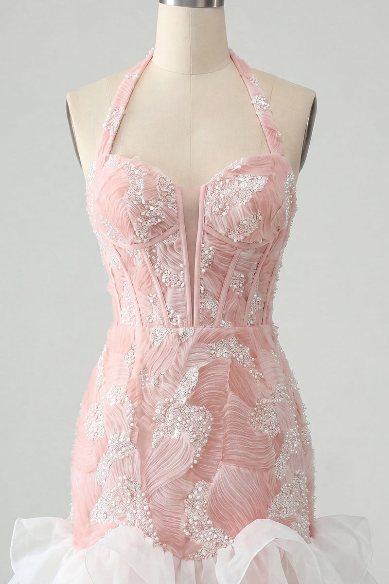 Laden Sie das Bild in den Galerie-Viewer, Mintgrünes Neckholderhals-Perlmutt-Bodycon-Rüschen-Floral-Homecoming-Kleid mit Spitze auf dem Rücken