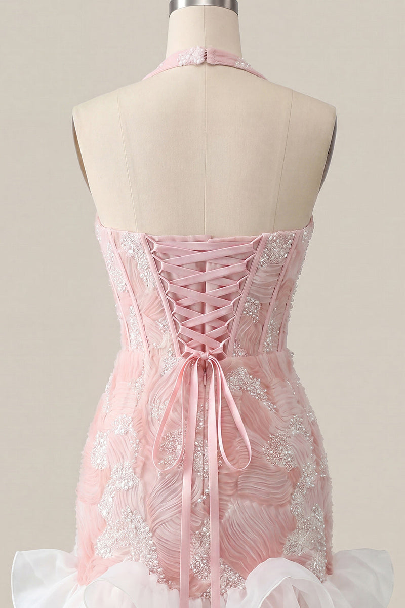 Laden Sie das Bild in den Galerie-Viewer, Mintgrünes Neckholderhals-Perlmutt-Bodycon-Rüschen-Floral-Homecoming-Kleid mit Spitze auf dem Rücken