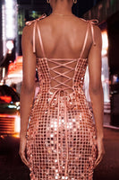 Laden Sie das Bild in den Galerie-Viewer, Bodycon Transparentes Korsett Gerafftes Pailletten Gebogene Träger Kurzes Abendkleid