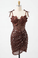 Laden Sie das Bild in den Galerie-Viewer, Bodycon Transparentes Korsett Gerafftes Pailletten Gebogene Träger Kurzes Abendkleid