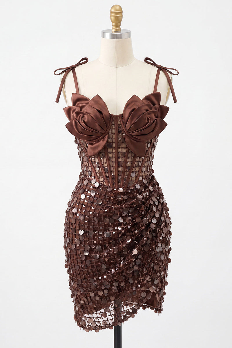 Laden Sie das Bild in den Galerie-Viewer, Bodycon Transparentes Korsett Gerafftes Pailletten Gebogene Träger Kurzes Abendkleid